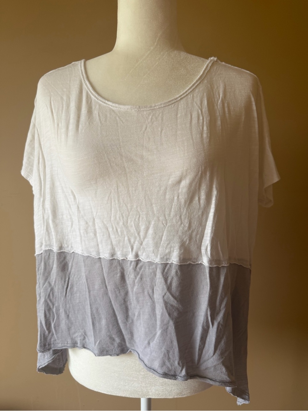 We The Free People Gray White Colorblock Slub Knit High Low Oversized Tee